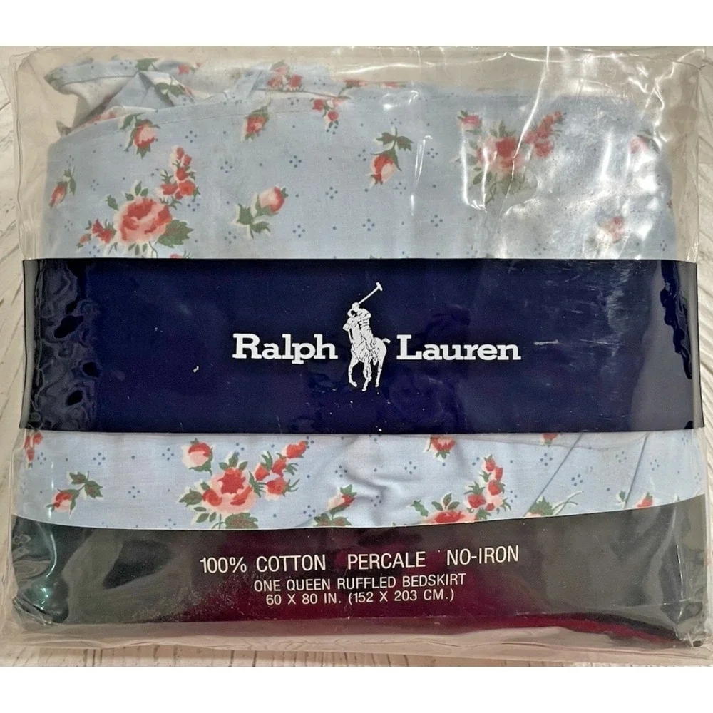 Vtg 80s  NEW Ralph Lauren QUEEN Ruffled‎ Bedskirt Calico Rose Blue NIP